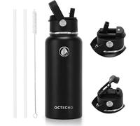 OcTecho Vacuum Insulated Stainless Steel Water Bottle 950ml,Metal Water Bottle with Straw, 2-in-1 Leakproof Lid, 2 Straws Water Bottles for 12h Hot & 24h Cold Drinks,BPA Free-Black