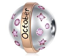 October Birthstone Charms fit Pandora DIY Snake Chain, 925 Sterling Silver Birthday Stone Pave Pink CZ Birth Beads with Stars Sun Galaxy, Gifts for Nana/Retirement/Wedding