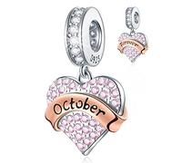 October Birthstone Charms fits Pandora Birthday Bracelet, 925 Sterling Silver Pave Heart Pink Birth Stone Pendant Beads with Rose Gold Banner, Gift for Valentine's Day/Wedding/Halloween