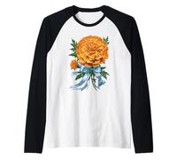 October Marigold Birth Flower Watercolor Bloom Raglan Baseball Tee