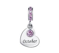 October Pink Cubic Zirconia Birthstone Heart Dangle Charm Compatible with Pandora Charms Bracelets