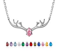 October Stone- Synthetic Tourmaline, Birthstone Antler Pendant & Rolo Chain Necklace, 925 Sterling Silver, Minimalist Deer/Elk Horn Animal Cubic Zirconia Jewelry Women Necklace, SCP6300B
