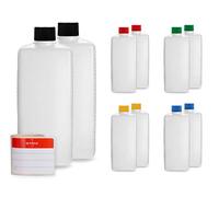 Octopus 10x 500 ml HDPE plastic bottles with colorful screw caps, empty square storage bottles incl. labels
