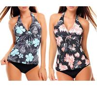 Octopus 3-Piece Women's Halterneck Tankini Set for Combining 2 Tops and 1 Briefs f5680, Grey floral + black floral, 10