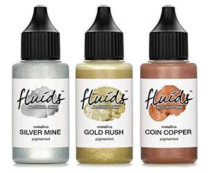 Octopus 3X 30 ml Fluids Alcohol Ink Set Metallics Gold Rush, Silver Mine, Coin Copper for Fluid Art and Resin Art, epoxy Resin, epoxy