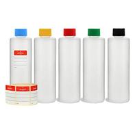 Octopus 5 x 250 ml plastic bottles, HDPE plastic round bottles with colorful screw caps, empty bottles with colorful screw caps, round bottles incl. 5 labels