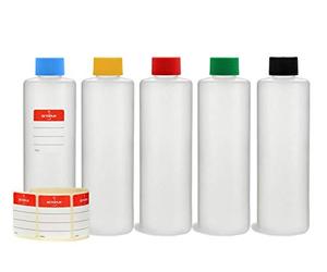 Octopus 5 x 250 ml plastic bottles, HDPE plastic round bottles with colorful screw caps, empty bottles with colorful screw caps, round bottles incl. 5 labels