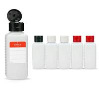Octopus 6-Pack 100ml HDPE Plastic Square Bottles with Flip-Top Cap, Food & Cosmetics Storage, Black, Red, White