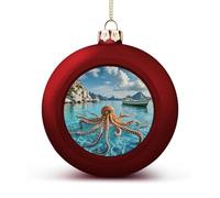 Octopus and Boat Christmas Ball Ornaments - Red Shatterproof Plastic Vintage Rustic Xmas Tree Decorations Pendant for Family Holiday Wedding Party Xmas Hanging Decoration