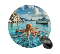 Octopus and Boat Mouse Pad Round Laptop Mouse Mat Cute Computer Mousepad Keyboard Pad Non-Slip Desk Pads for Gaming Office Work Home