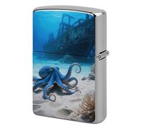 Octopus and Ship Lighter Case Metal Double-Sided Lighter Cover Pocket Lighters Sleeve Windproof Lighters Accessories for Men Women