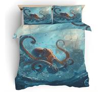 Octopus Animal Duvet Cover Set, Marine Life Bedding Set, Soft Breathable Microfiber Double Quilt Cover 3 Piece with Zipper Closure, 1 Duvet Cover 200x200 cm 2 Pillowcases