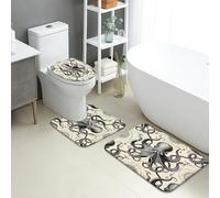Octopus Bathroom Mat Sets 3 Piece, Vintage Black White Nautical Non Slip Toilet Rugs U Shaped Washable, Ocean Inspired Quick Dry Flannel Bathroom Rug Set