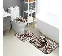 Octopus Bathroom Mat Sets 3 Piece, Vintage Stained Glass Pattern Absorbent Non Slip Toilet Rugs U Shaped Washable, Nautical Quick Dry Flannel Bathroom Rug Set