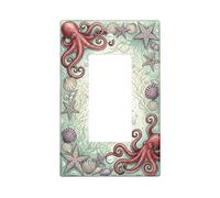Octopus Bathroom Single Rocker Light Switch Cover, Coastal Nautical Starfish Shell Summer Teal Plastic Standard Size Accents Wall Switch Plates for Bedroom Office Kitchen Entrance Decor