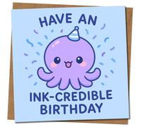 Octopus Birthday Card - Have an Ink-credible Birthday - Cute Pun, Square 145mm x 145mm, Kraft, Includes Kraft Envelope