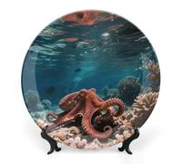 Octopus Bone China Decorative Plate with Display Stand, 8inch Porcelain Wall Hanging Plate for Home Office Decor, Elegant Round Ceramic Plates for Home Decor & Gift Idea