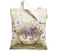 Octopus Canvas Tote Bag for Women, Fanciful Nature Butterfly Bird Spring Violet Washable Reusable Aesthetic Tote Bags Ideas, Violet, 13x15 Inch