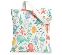Octopus Canvas Tote Bag for Women, Summer Playful Whale Turtle Summer Aqua Washable Reusable Shopping Bag Ideas for Outdoor, Aqua, 13x15 Inch