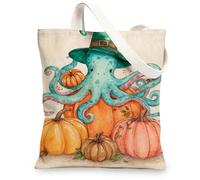 Octopus Canvas Tote Bags, Cute Sea Creature Design Reusable Grocery Bags, Fanciful Art Lightweight Washable Shoulder Strap, Multicolor, 13x15 Inch