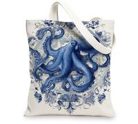 Octopus Canvas Tote Bags, Marine Animal Pattern Reusable Bags, Vintage Lightweight Washable Shoulder Strap Canvas for Gym T, Blue, 13x15 Inch