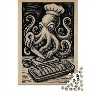 Octopus Chef Preparing Sushi Woodcut Art 1000 Piece Jigsaw Puzzle, 38x26cm/1000pcs, for Adults, Quiet Home Activity, Focused Puzzle Time And Quiet Weekends