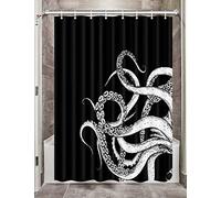 Octopus Decor Camper RV Shower Curtain for Travel Trailer Bathroom, Funny Black and White Small Narrow Shorter Fabric Shower Curtains Set, Happy Camp Outdoor Decor Accessories with Hooks 47X64