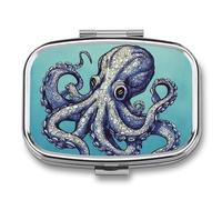 Octopus Design Pill Box 2 Compartments Portable Travel Pill Case Mini Medicine Organizer for Pocket Purse Metal Waterproof Medicine Container Holder Vitamin Fish Oil