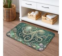 Octopus Design Quick Dry Bath Mat, Oceanic Green Ocean Creatures Absorbent Non Slip Shower Mat, Summer Decorative Flannel Washable Bathroom Rugs 20x32 Inch
