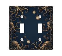 Octopus Double Light Switch Cover Plate, Steampunk Vintage Clock Gear Fall Navy Plastic Standard Size Toggle Light Switch Cover for Home Living Room Bedroom Bathroom Decor