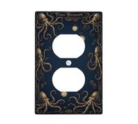 Octopus Duplex Outlet Covers Wall Plate, Steampunk Vintage Clock Gear Fall Navy Plastic Standard Size Double Power Outlet Cover Plate for Living Room Bedroom Home Office Decor