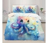 Octopus Duvet Cover Queen 230x220 cm Quilt Covers with 2 Pillowcases, Watercolor Big Eyed Octopus Bedding Set, Decoration For Girls' And Children's Rooms Duvet Cover with Zipper Ties