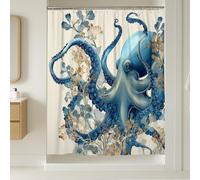 Octopus Extra Long Shower Curtain, Coastal Artistic Floral Tentacles Summer Blue Washable with Hooks Design Print Bath Curtains Decor for Toile Bathroom Dorm 72x96 Inch