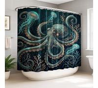 Octopus Extra Wide Shower Curtain, Underwater Artistic Jellyfish Coral Summer Teal Washable with Hooks Bathtub Cloth Curtains for Bathroom Toile Guest Room Decor 108x72 Inch