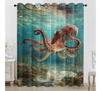 Octopus Eyelet Curtains, 3D Marine Life Print Blackout Curtains, 2 Panels Room Darkening Thermal Insulated Window Drapes for Living Room Bedroom, 52 x 90 Inch