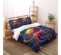 Octopus Hearts Bedding Set 3D Digital Printing Animal Theme Marine Animals Duvet Cover Set 3 Pieces Chic Breathable Comforter Cover for Boys & Girls with Pillowcase Double（200x200cm）