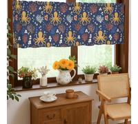 Octopus Kitchen Curtains, Coastal Nautical Coral Bubbles Summer Navy Short Valance Curtain for Kitchen Window Curtains Over Sink 18x52 Inch