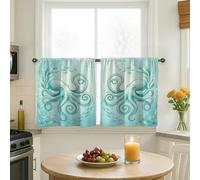 Octopus Kitchen Curtains, Coastal Nautical Seaweed Fish Summer Turquoise Patterned Curtains for Laundry Room Sink Area Hallway Apartment Window Decor 26x30 Inch