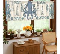 Octopus Kitchen Curtains, Nautical Coastal Shell Waves Summer Blue Window Valance for Small Rv Sink Area Narrow Window 18x52 Inch
