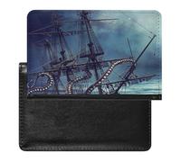 Octopus Kraken Pirate Ship Ocean Passport Cover Family Printed Leather Passport Holder Minimalist Front Pocket Slim Travel Wallet Cover Case Lightweight Credit Card Holder for Women Men