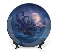 Octopus Monster Sailing Decorative Plate Ceramic China Plates with Display Stand for Home Wall Decor 7inch