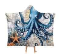 Octopus Ocean Starfish Hoodie Blanket Wearable Fleece Cloak Nautical Map Soft Plush Throw Blanket for Adults Kids, Cozy Lounge Wear for Camping Sofa Movie Nights 40x50 Inch