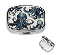 Octopus Pattern Pill Box 2 Compartment Square Portable Pill Case for Pocket or Purse Pill Holder Weekly Pill Organizer Decorative Metal Medicine Vitamin Organizer Travel Gift
