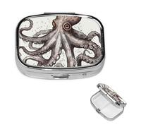 Octopus Pill Box 2 Compartment Square Portable Pill Case for Pocket or Purse Pill Holder Weekly Pill Organizer Decorative Metal Medicine Vitamin Organizer Travel Gift