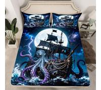 Octopus Pirate Ship Fitted Sheet Twin Size 2 Pcs,Moon Lightning Galaxy Night Sky Bed Sheet for Kids Teens Adults,Wild Sealife Ocean Sailing Deep Pocket,1 Pillowcase(No Flat Sheet)