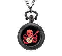 Octopus Playing Guitar Vintage Pocket Watch Alloy Pendant Watches Necklace Gift for Men Women Black-Style
