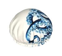 Octopus Print Shower Cap - Double Layer Breathable, Adjustable Elastic Strap, Durable Hotel Travel Essentials
