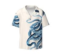 Octopus Printed Men's Casual Cuban Neck Short Sleeved Shirt, Soft and Breathable Black