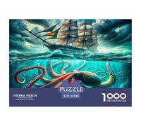 Octopus Puzzles for Adults Gifts 1000 Pc - Giant Octopus Shipwreck Stormy Dramatic Deep Sea Jigsaw Puzzle Fun Present & Activity for Home Wall Decor52x38cm/1000pcs