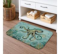 Octopus Quick Dry Bath Mat, Coral Art Absorbent Non Slip Shower Mat, Summer Nautical Flannel Washable Bath Rugs for Bathroom Toilet Decorative 16x24 Inch